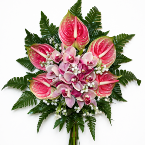 Mazzo di fiori artificiali per cimitero con anthurium rosa e orchidee in silicone