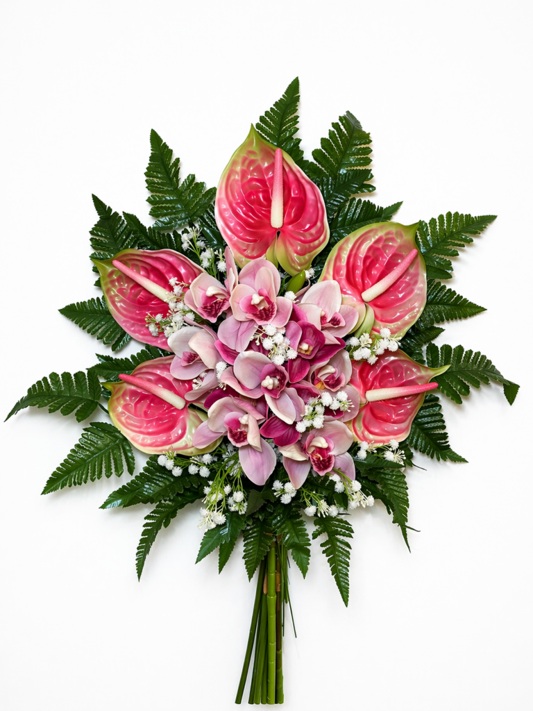 Mazzo di fiori artificiali per cimitero con anthurium rosa e orchidee in silicone