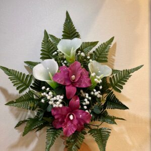 Mazzo di fiori artificiali per cimitero con Catleya e Calle in vetroresina – Composizione per loculi