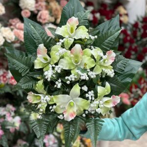 Fiori artificiali per cimitero Catleya verde con sfumature rosa in vetroresina – Composizione per loculi