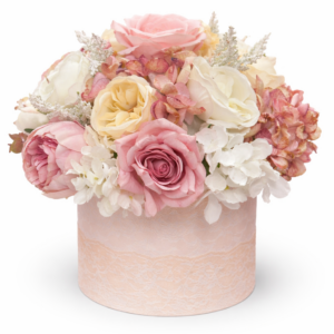 Box fiori artificiali profumati con mix di fiori rosa, panna e bianchi Ø 30