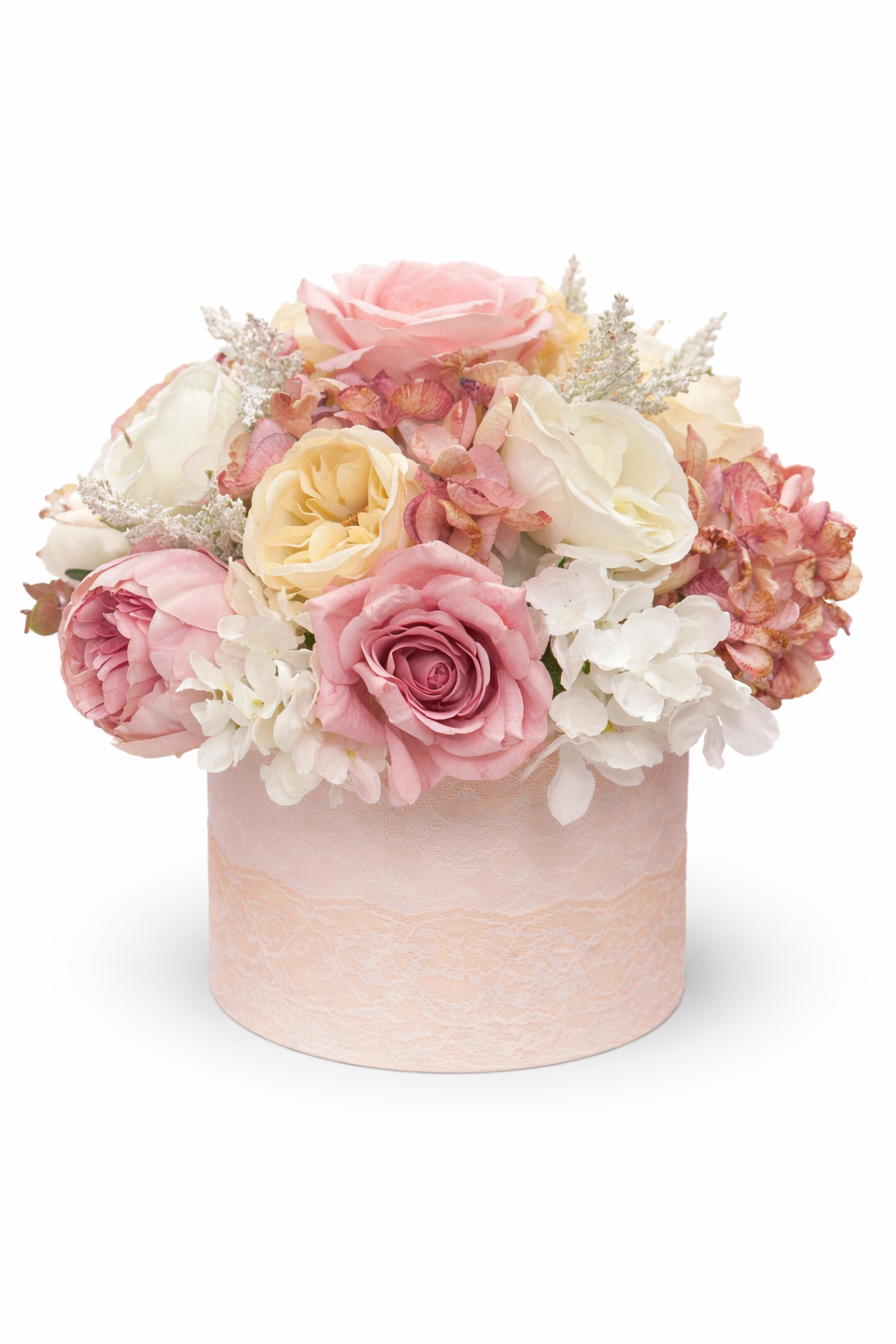 Box fiori artificiali profumati con mix di fiori rosa, panna e bianchi Ø 30