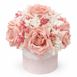Box fiori artificiali profumati con rose rosa,ortensie panna e gypsophila– Flower box elegante Ø 30
