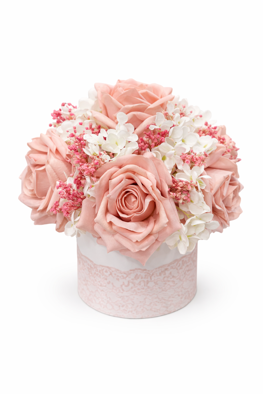 Box fiori artificiali profumati con rose rosa,ortensie panna e gypsophila– Flower box elegante Ø 30
