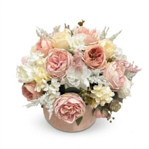 Box fiori artificiali profumati con mix di fiori rosa, panna e bianchi Ø 35