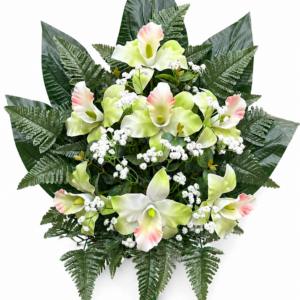 Fiori artificiali per cimitero Catleya verde con sfumature rosa in vetroresina – Composizione per loculi