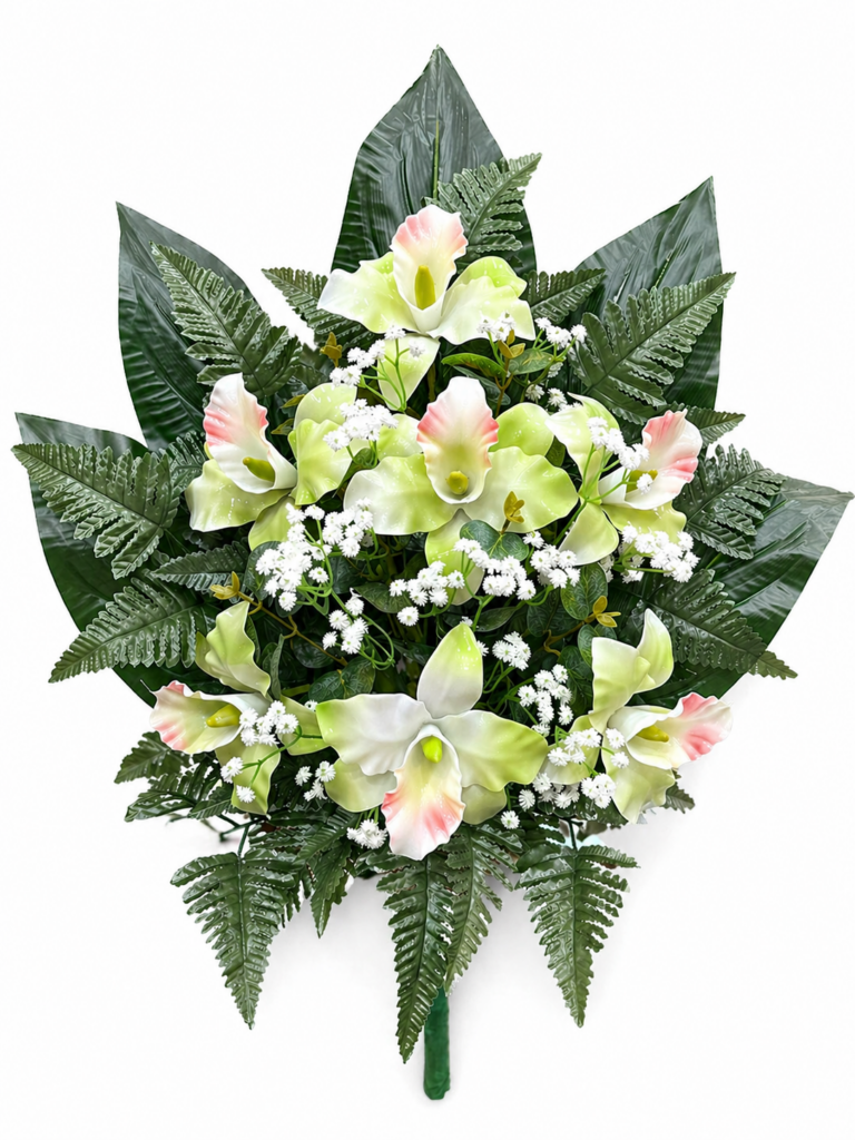Fiori artificiali per cimitero Catleya verde con sfumature rosa in vetroresina – Composizione per loculi
