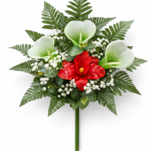 Mazzo di fiori artificiali per cimitero con tre calle e una catleya in vetroresina – Composizione per loculi