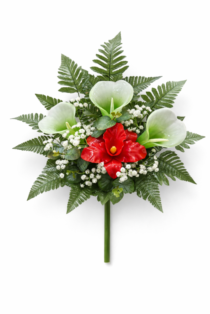 Mazzo di fiori artificiali per cimitero con tre calle e una catleya in vetroresina – Composizione per loculi