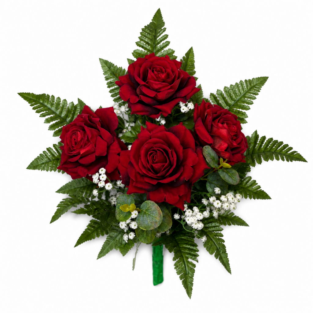 Mazzo di rose rosse artificiali in velluto per cimitero e loculi