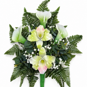 Mazzo di fiori artificiali per cimitero con due catleya e tre calle in vetroresina bianco e verde