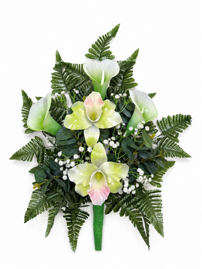 Mazzo fiori artificiali cimitero Catleya e calle in vetroresina