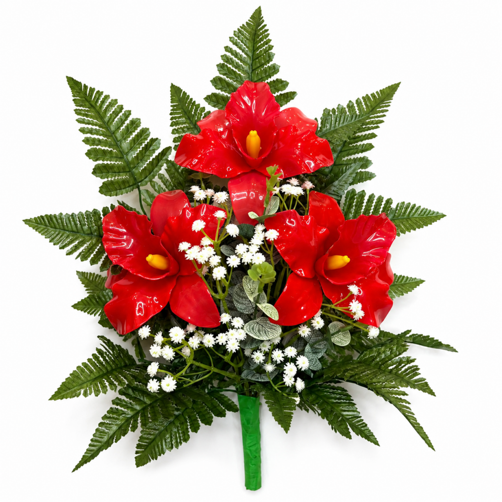 Mazzo di fiori artificiali per cimitero con tre catleya vetroresina Red
