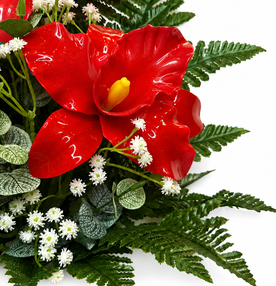 Mazzo di fiori artificiali per cimitero con tre catleya vetroresina Red - immagine 4