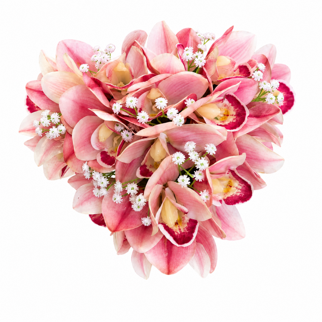 Cuore con fiori artificiali , orchidee in silicone rosa