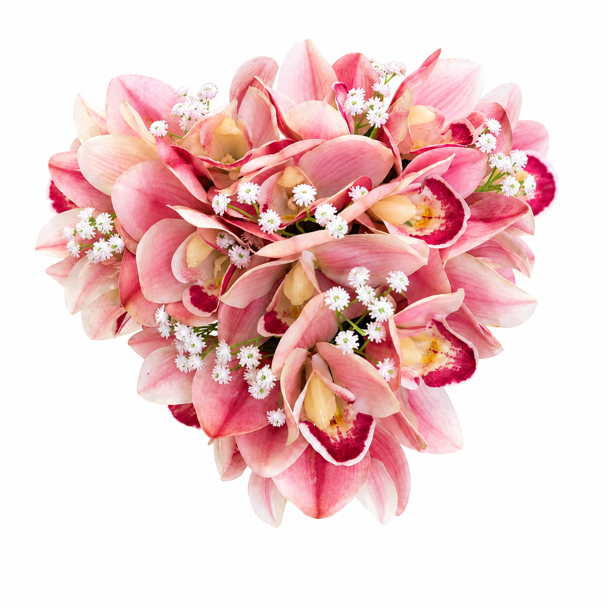 Cuore con fiori artificiali , orchidee in silicone rosa