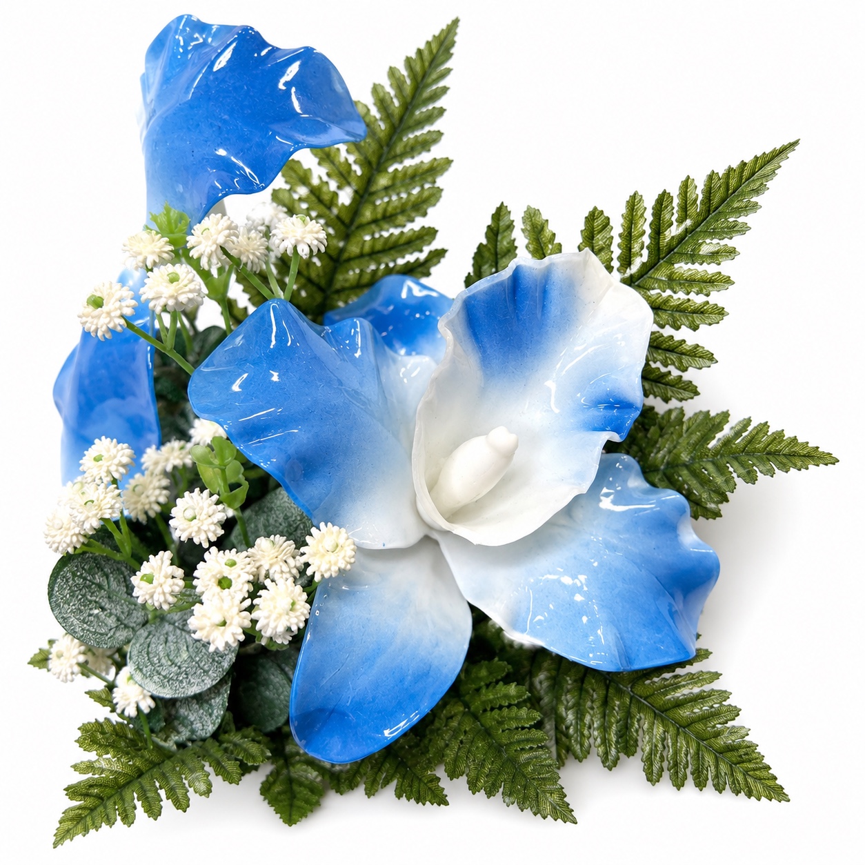 Mazzo di fiori artificiali in vetroresina per cimitero - tre catleya blu - immagine 2