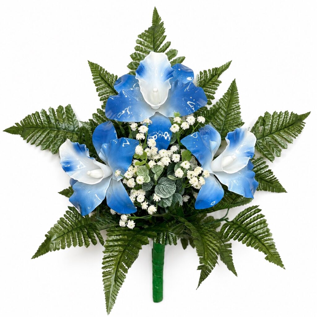Mazzo di fiori artificiali in vetroresina  per cimitero – tre catleya blu