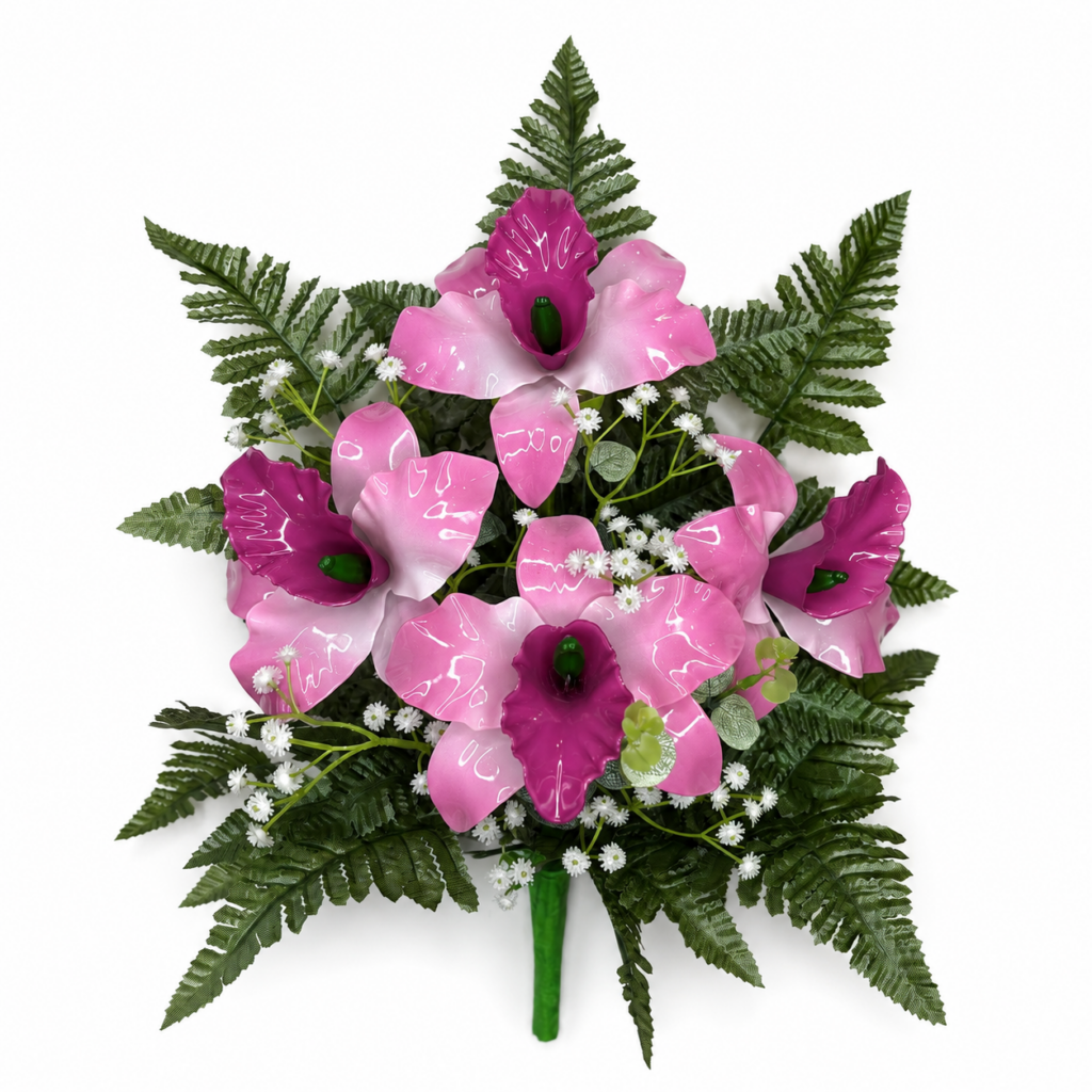 Mazzo di fiori artificiali per cimitero con quattro catleya vetroresina Lavander
