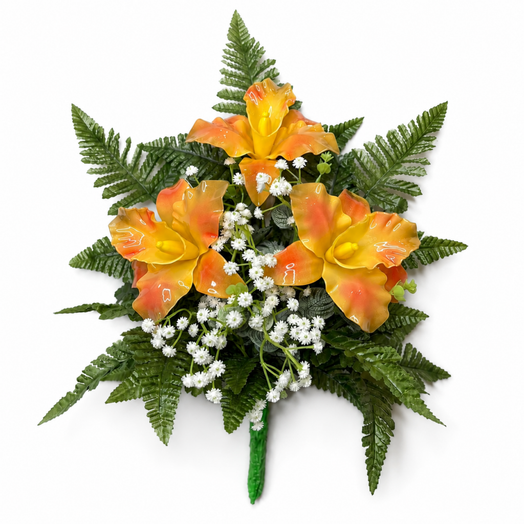 Mazzo di fiori artificiali per cimitero con tre catleya vetroresina Orange