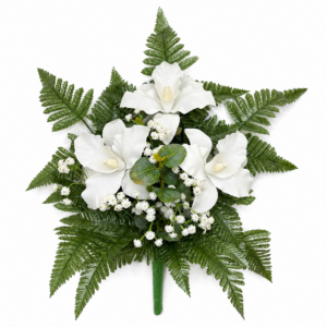 Mazzo di fiori artificiali in vetroresina  per cimitero - tre catleya white