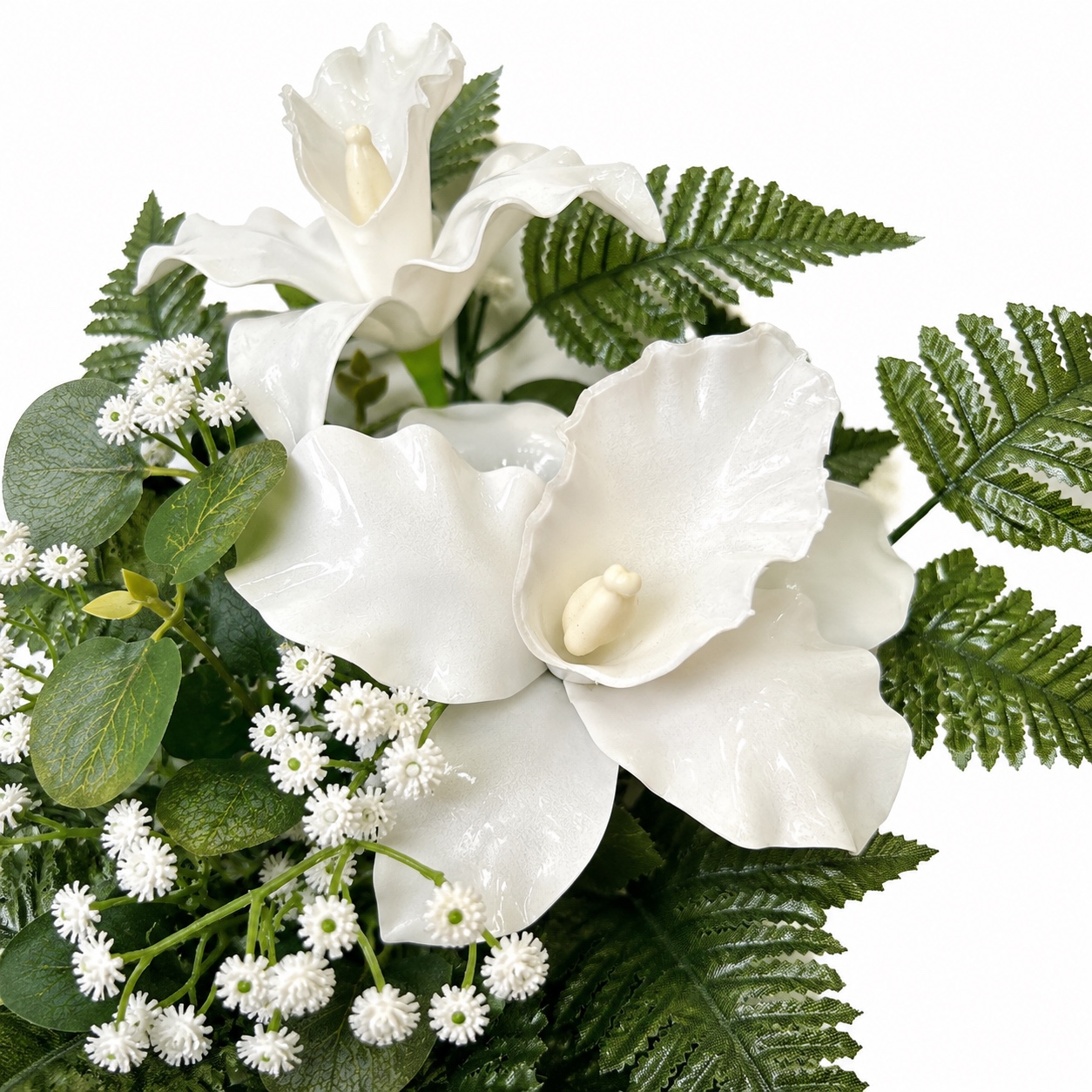 Mazzo di fiori artificiali in vetroresina per cimitero – cinque catleya blu e bainche - immagine 4