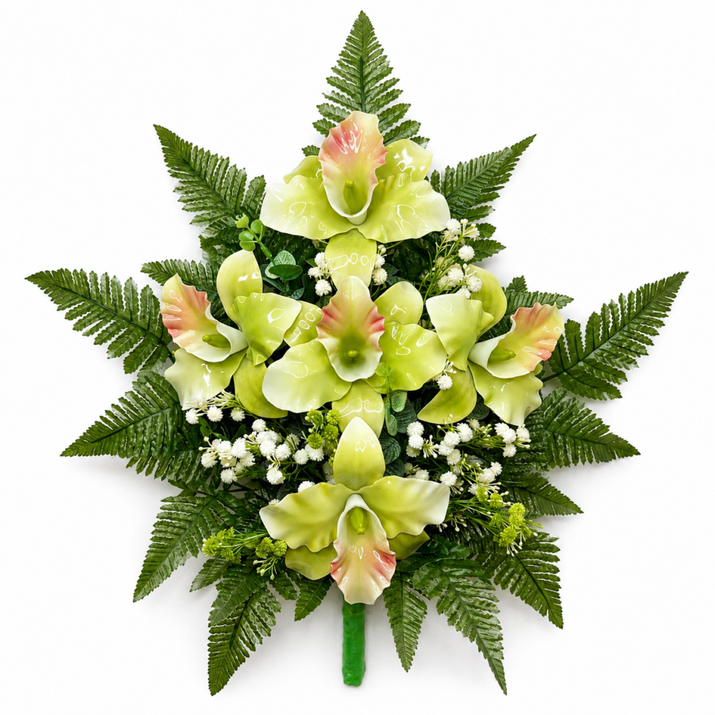 Mazzo di fiori artificiali in vetroresina per cimitero – cinque catleya verdi