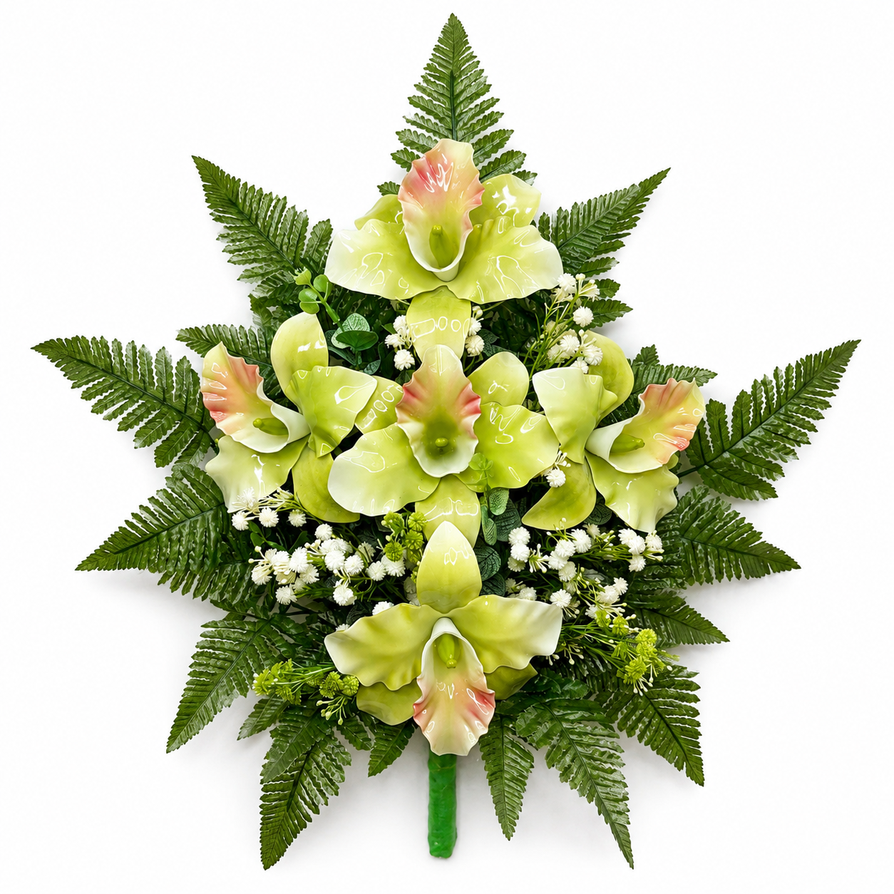 Mazzo di fiori artificiali in vetroresina per cimitero – cinque catleya verdi