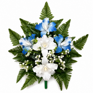 Mazzo di fiori artificiali in vetroresina per cimitero – cinque catleya blu e bainche