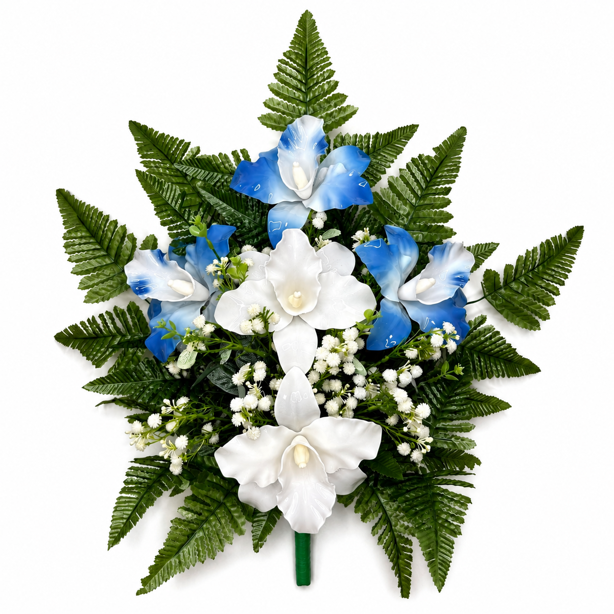 Mazzo di fiori artificiali in vetroresina per cimitero – cinque catleya blu e bainche