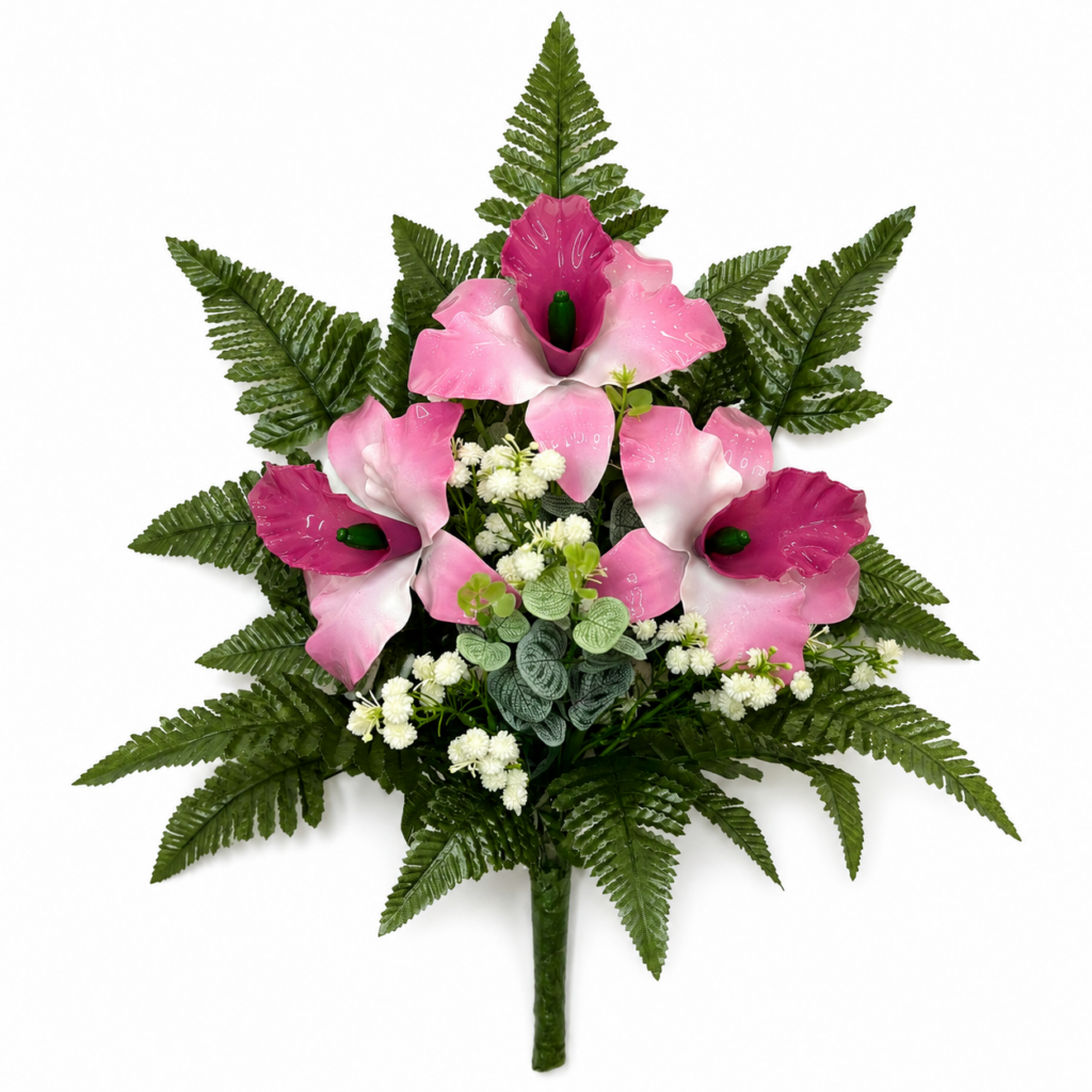 Mazzo di fiori artificiali per cimitero con tre catleya vetroresina Lavander