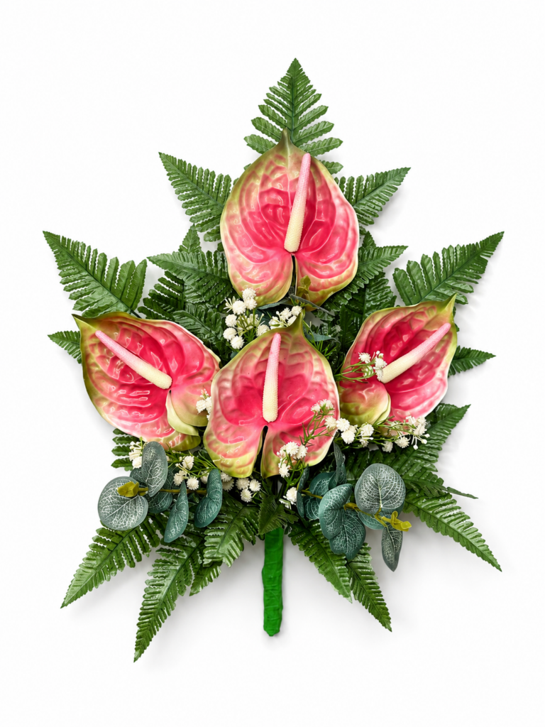 Mazzo Fiori artificiali per cimitero con quattro anthurium rosa
