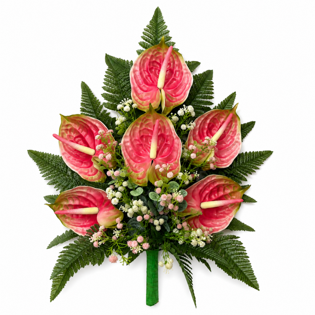 Mazzo di fiori artificiali per cimitero con 6 anthurium rosa in silicone