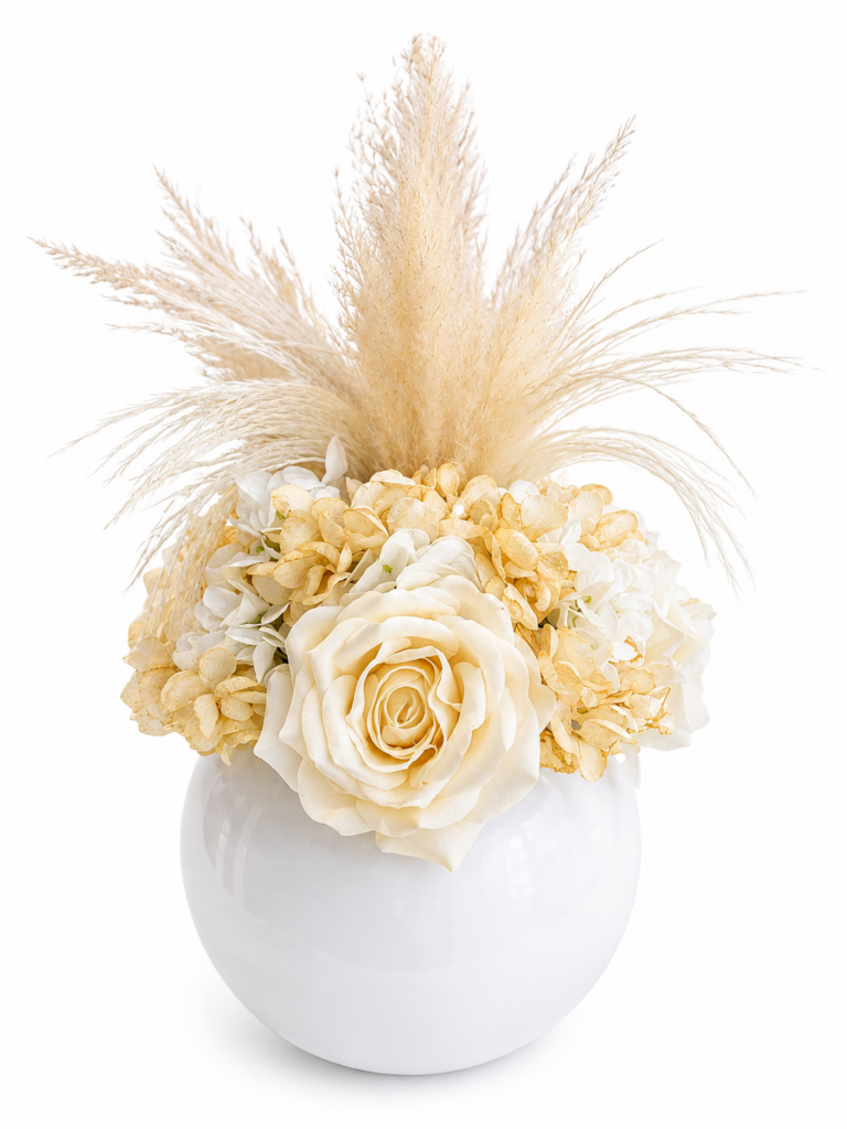Centrotavola con Rose Panna, Ortensie e Pampas Naturali | Tonino Fiori Design