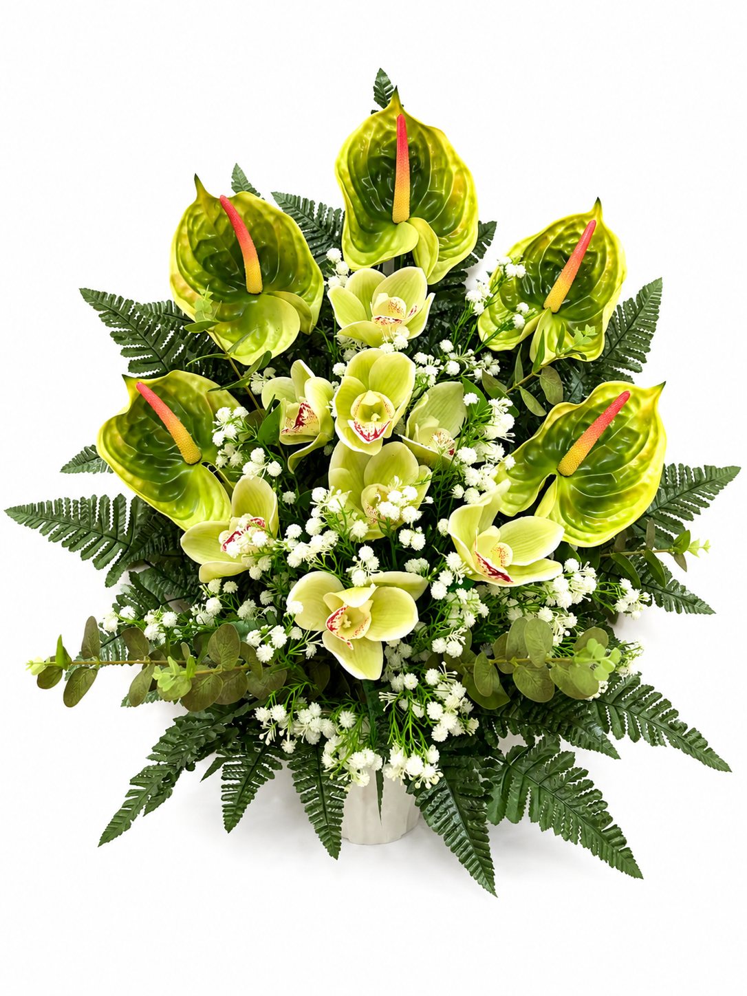 Composizione floreale artificiale da terra per tomba con orchidee e anthurium