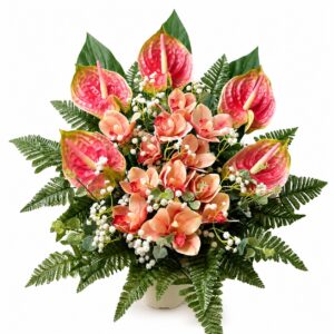 Composizione floreale artificiale da terra per tomba con orchidee e anthurium rosa