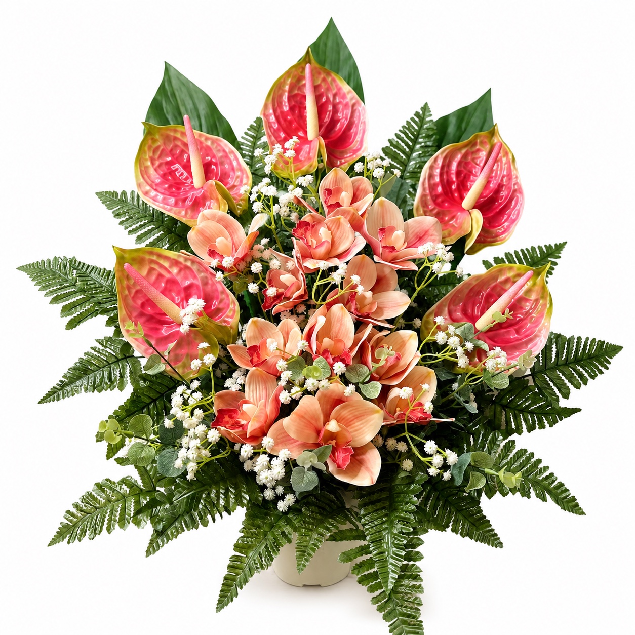 Composizione floreale artificiale da terra per tomba con orchidee e anthurium rosa