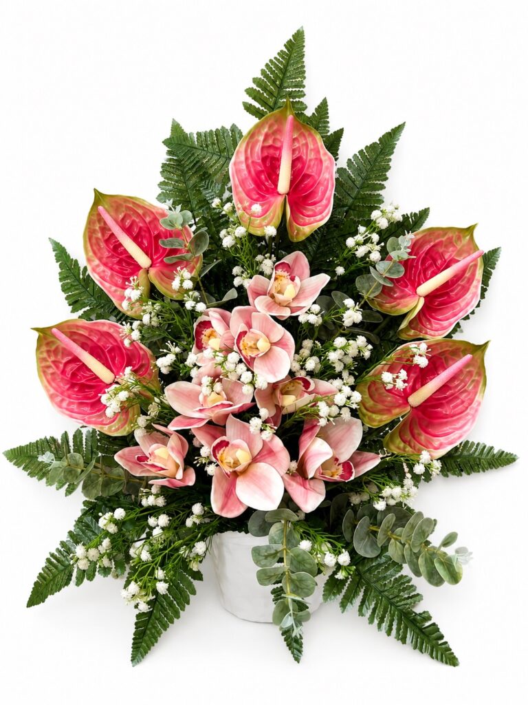 Composizione floreale artificiale da terra per tomba con orchidee e anthurium rosa