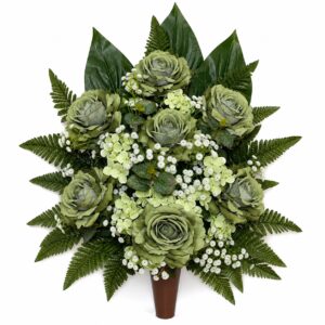 Fiori artificiali per cimitero Composizione con vaso con rose e ortensie