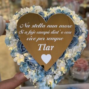 Cuore con fiori artificiali, con nanuncoli e ortensie – Cuore con dedica