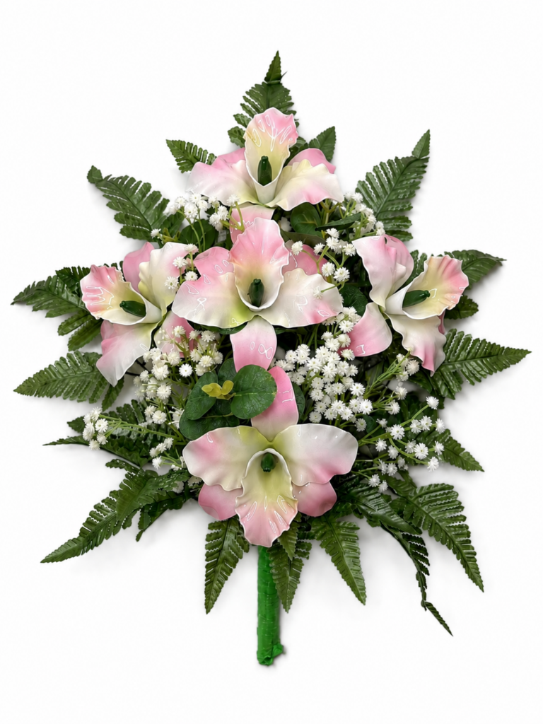 Mazzo di fiori artificiali in vetroresina per cimitero – cinque catleya pink