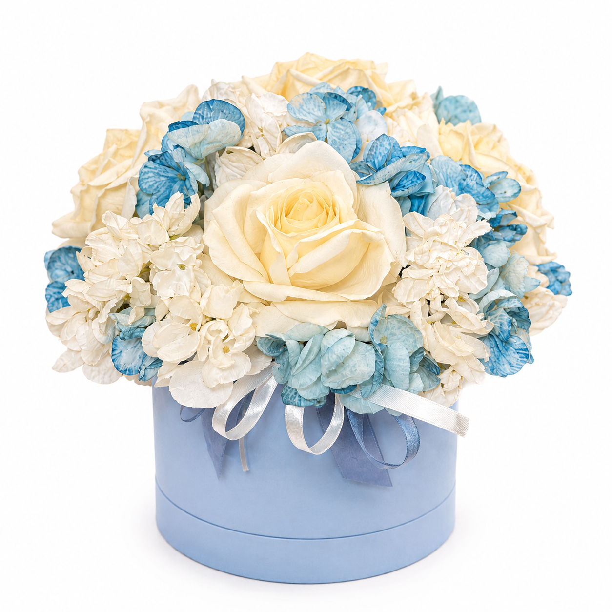 Box fiori artificiali profumati con rose panna e ortensie azzurre – Flower box elegante Ø 30