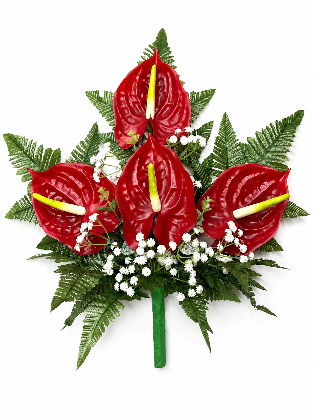 Mazzo Fiori artificiali per cimitero con quattro anthurium rossi