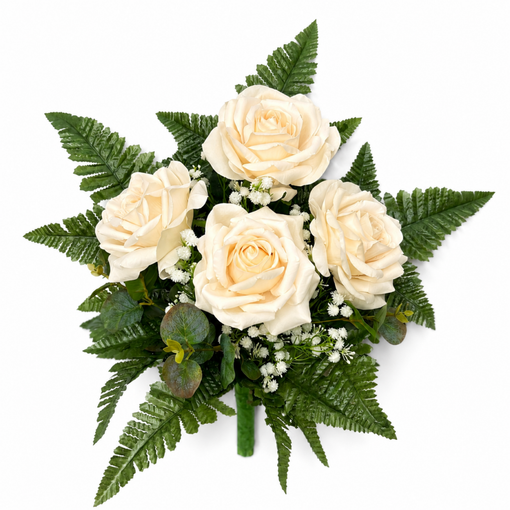 Mazzo fiori artificiali con quattro rose panna per cimitero e loculi