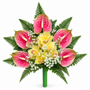 Mazzo Fiori Artificiali per Cimitero con Anthurium Rosa e Orchidee in Silicone