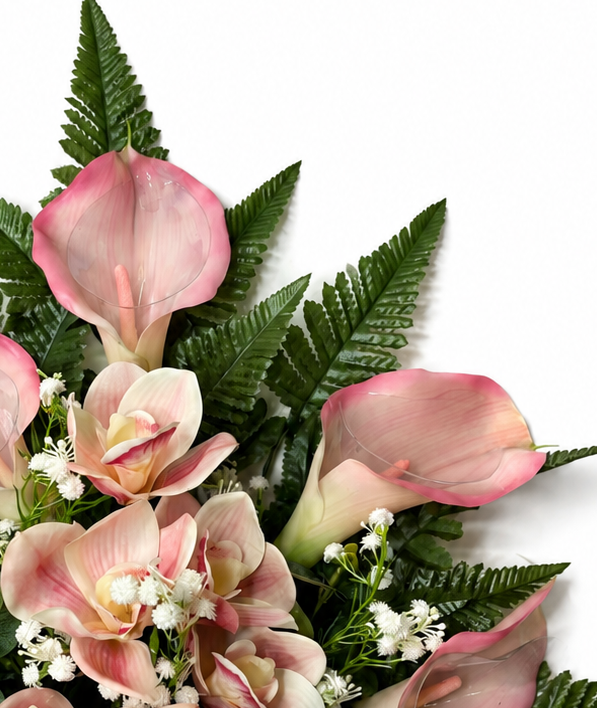 Mazzo Fiori Artificiali per Cimitero con calle e Orchidee in Silicone rosa - immagine 3