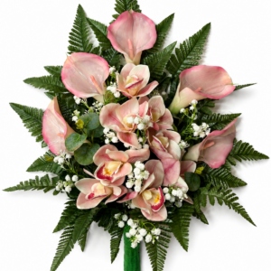 Mazzo Fiori Artificiali per Cimitero con calle e Orchidee in Silicone rosa
