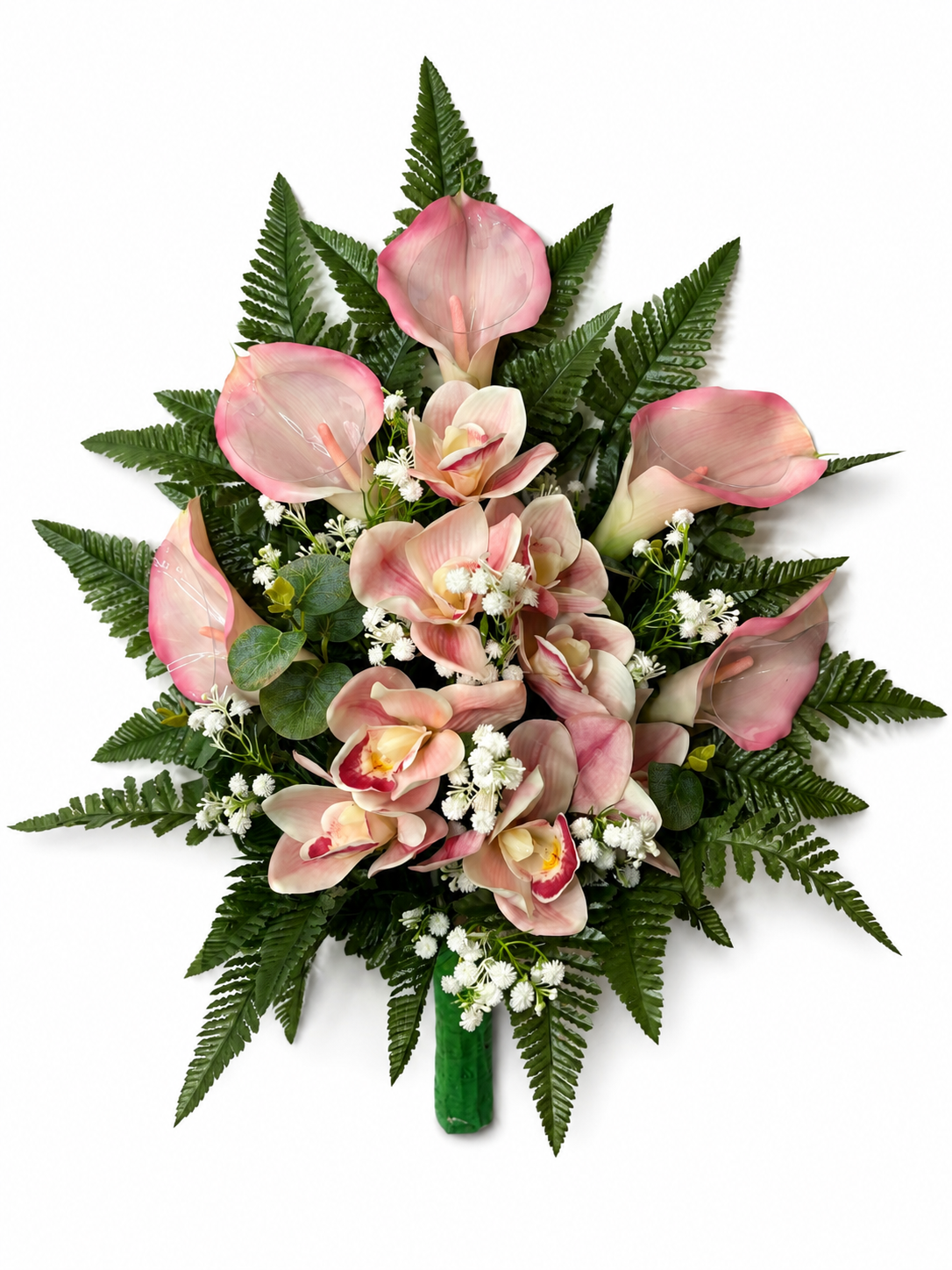 Mazzo Fiori Artificiali per Cimitero con calle e Orchidee in Silicone rosa