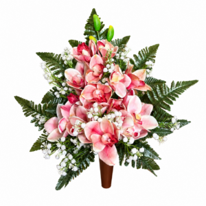 Fiori artificiali per cimitero- composizione orchidee con vasetto