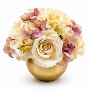 Ampolla Centrotavola oro con Rose Panna e Ortensie Profumate Ø 28